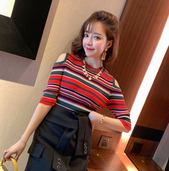 

spring 2020 new color contrast stripe sexyclothest-shirt clothingshoulder slim fit versatile medium sleeve t-shirt women's wear kbro, White