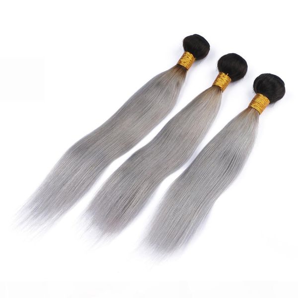 

virgin brazilian silver gray ombre human hair bundles deals 3pcs 300gram silky straight 1b grey ombre human hair weaves extensions, Black;brown