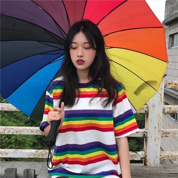 

new summer korea ulzzang harajuku bf wind loose rainbow stripes ins short sleeved t shirt cute female couple o neck t shirt, White