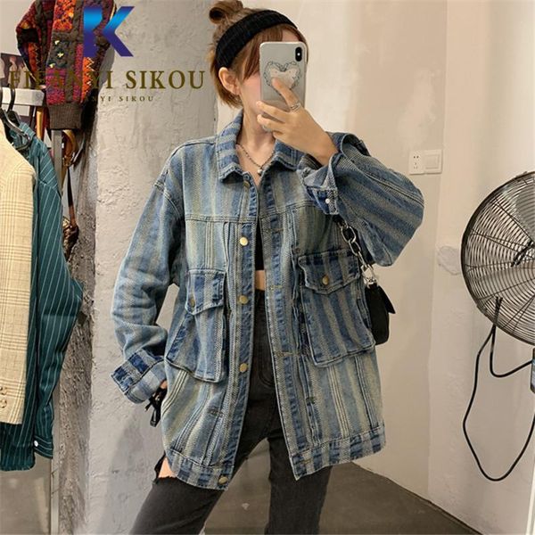 

women's jackets jeans jacket women pocket lapel fashion washed striped denim autumn womens plus size loose coat harajuku, Black;brown