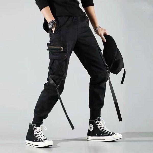 

harajuku streetwear joggers pants men fashion autumn pencil pants hip hop elastic waist ribbon trousers male1, Black