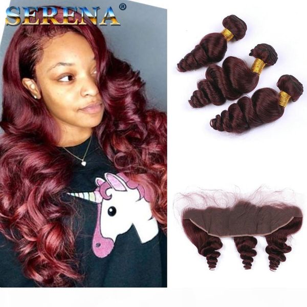 

loose wave #99j wine red brazilian human hair weaves with lace frontal 4pcs lot virgin burgundy hair 4 bundles with 13x4 full lace frontal, Black;brown