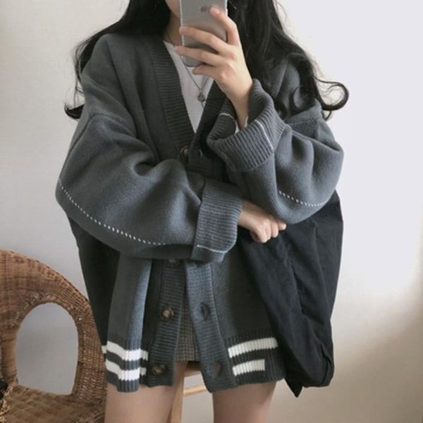 

autumn korean v neck jumper cardigan women harajuku loose long sleeve coat femme sweater drop shipping high quality, White;black