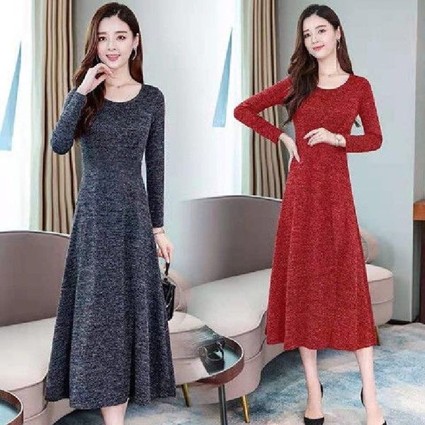 

chblj new style autumn dress women's large aged dress long skirtsleeve temperament fashion mid long skirt style size closing mom middle, Black;gray