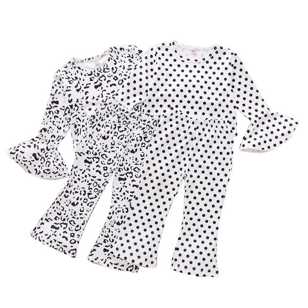 

kids girls leopard outfits toddler baby flared sleeves dot printed shirts elastic trouser baby casual outfits kids clothes set 06210115, White