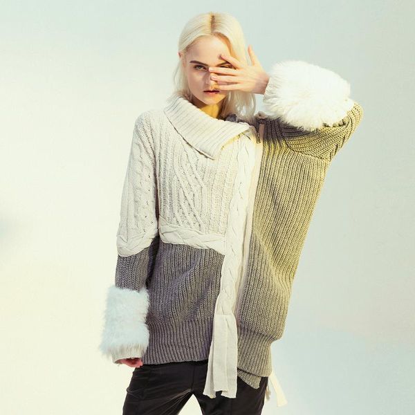 

new woven linen flower color slim sweaters irregular furry cuff loose zip off-shoulder pullover sweater long sleeve minimalism, White;black