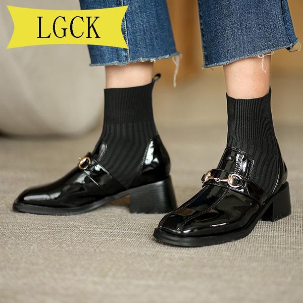 

plus size 34-42 autumn boots women shoes fashion square toe ankle boots genuine leather winter elastic comfortable, Black
