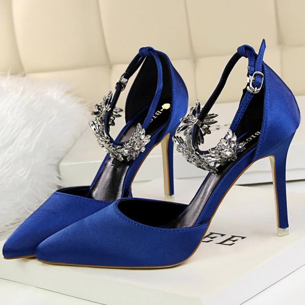 

2021 9.5cm high heels woman rhinestone sandals green pink silk hollow pump lady satin crystal scarpin bridal elegant party shoes, Black