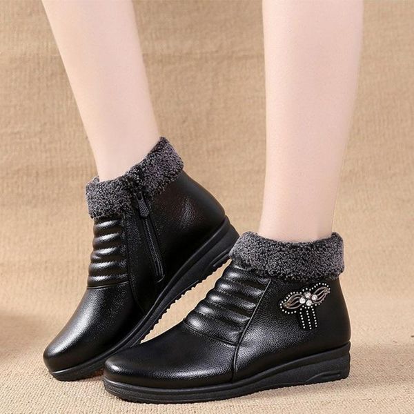 

snow boots women warm plush mother shoes ladies zipper soft leather platform waterproof female non slip winter boot 2020 new, Black