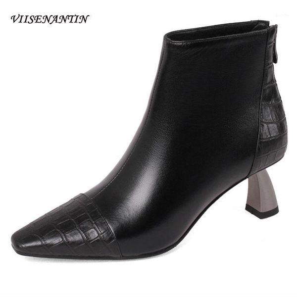 

korean french retro stone grain real leather pointed toe electroplating high heel short boots fashion back zipper female shoes1, Black