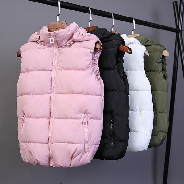 

2021 new plus size women vest winter jacket pocket hooded coat warm casual cotton padded vest female slim sleeveless waistcoat, Black;white
