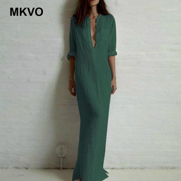 

women dress deep v cotton and linen dress plus size vestidos spring and autumn lady split solid long maxi dresses femme1, Black;gray