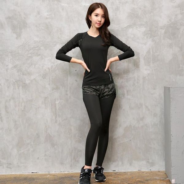 

women's autumn and winter gym clothes sports set slimming dry running yoga wear long sleeve mock two-piece trousers two-piece se, Black;blue