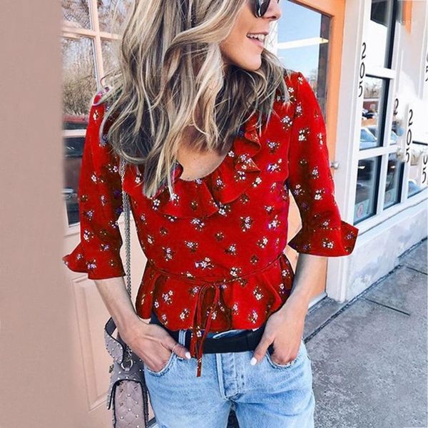

women blosue round neck 3/3 sleeve butterfly woman blouse hem rare floral print lace up front blouse ropa femenina de verano1, White