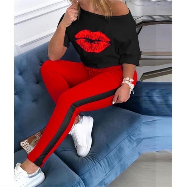 Duas peças conjunto de tracksuit Mulheres Barco Impressão de Âncora Plus Tamanho 2 Piece Set Top e Calças Femme Roupas Elásticas Cintura Longa Calças Set 201110