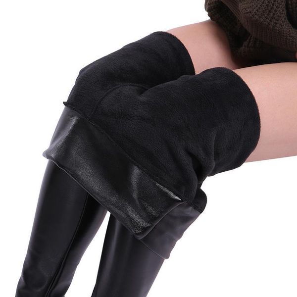 

winter warm leather leggings high waist trousers women solid black thick velvet punk pencil skinny pu leather pants