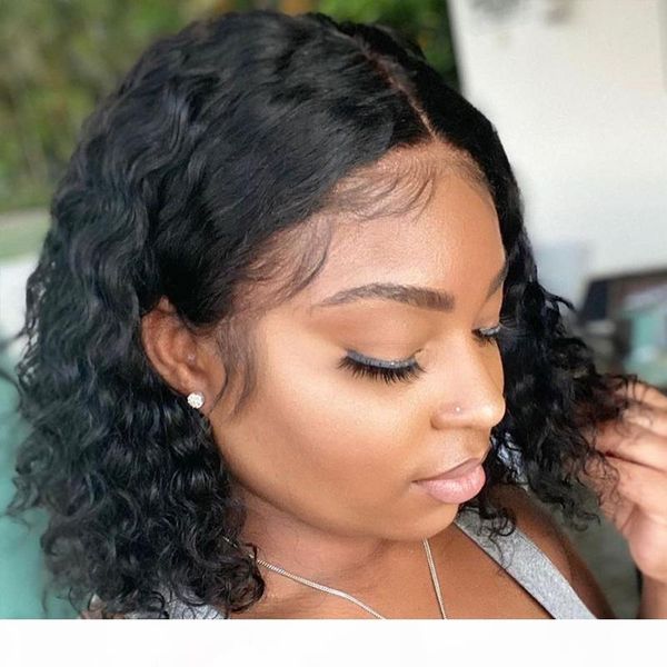 

130% curly bob wig 13x4 lace front human hair wigs remy brazilian for women pre pluck bleached knots, Black;brown