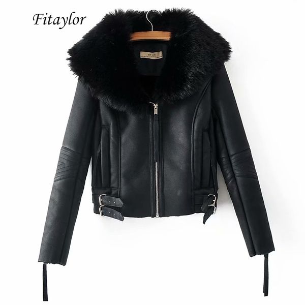 

fitaylor women winter faux fur outwear warm thickness faux lambs wool fur collar leather overcoat female moto zipper outerwear 201030, Black