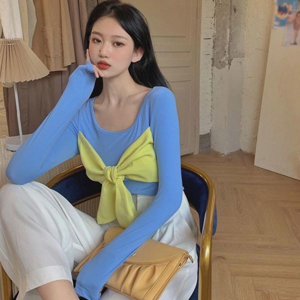 

slim bottoming shirt sense bowknot long-sleeved t-shirt women1, White