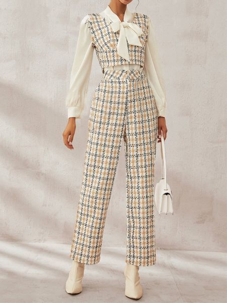 

plaid pattern raw trim tweed tank & pants without blouse 286y#, White
