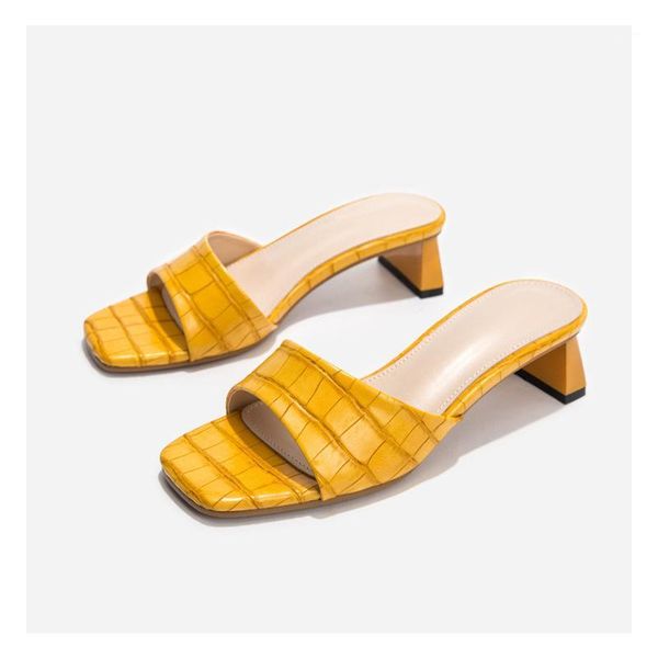 

2020 women mules yellow slides female flats heels yellow slippers summer 8cm peep toe black shoes1