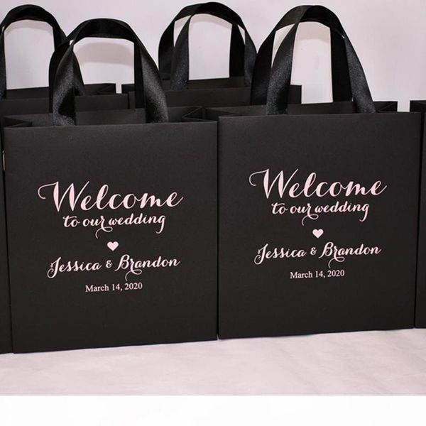 

personalized black & blush wedding welcome bags for favor for guests, elegant gift bag with satin ribbon and names goodie bag