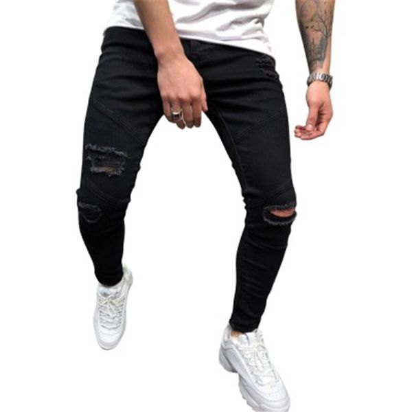

человек сплошного цвета джинсы тенденция мода placket кнопка молния hole denim pant дизайнер мужская осень новой весь матч повседневные узки, Blue