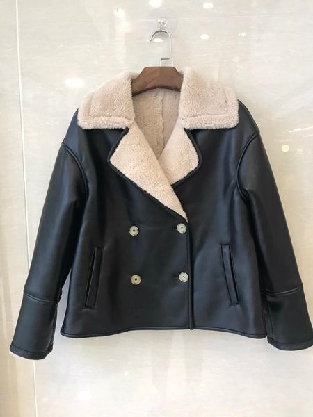 

2020 new ladies fashion long sleeve suit collar motorcycle composite fleece fur one coat 1110, Black
