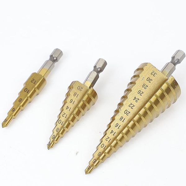 

hss step cone taper drill bit set hole cutter metric 4-12/20/32mm 1/4" titanium coated metal hex bits