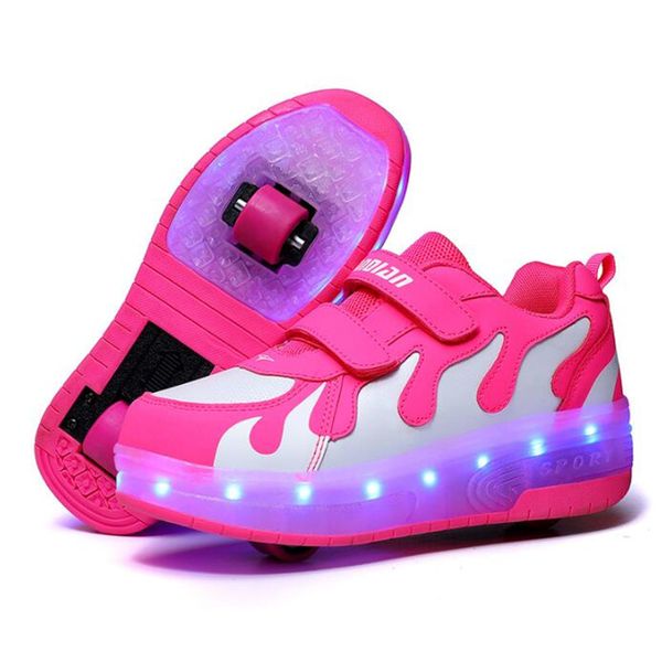 

risrich kids led usb charging roller shoes glowing light up luminous sneakers with wheels kids rollers skate shoes for boy girls c1002, Black;red