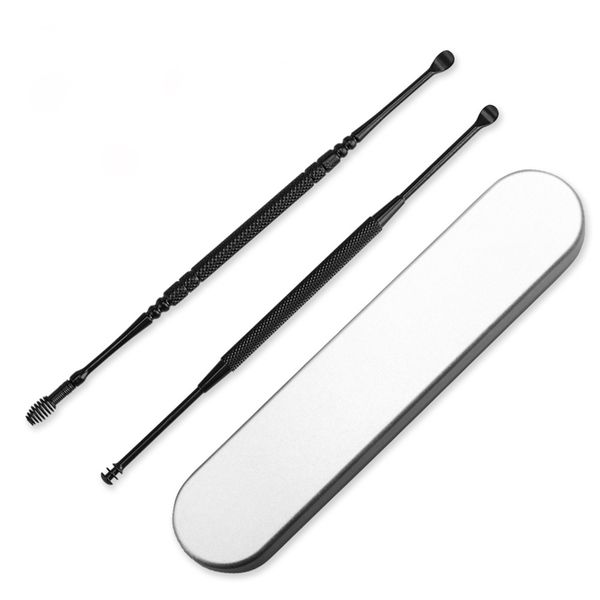

stainless steel digging ear spoon set portable spiral rotating dig spoon double ears artifact cleaning tool lightweight earpick black earwax