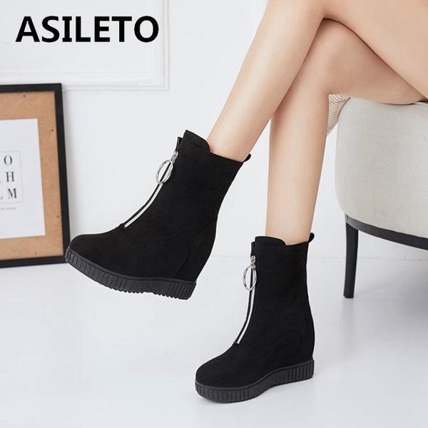 

asileto women ankle boots round toe pu 3+5cm wedge heel zip short plush height increasing big size thick bottom casual s2088, Black