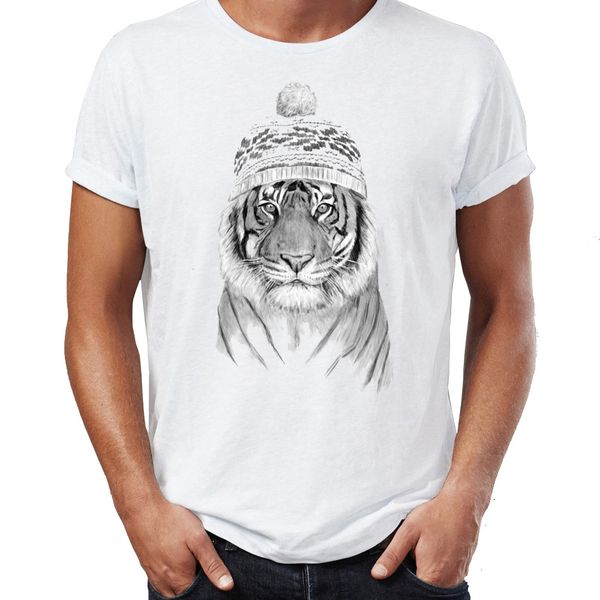 

men's t shirt siberian tiger wearing a hat cool black and white hand drawing awesome animals tee sport hooded sweatshirt hoodie
