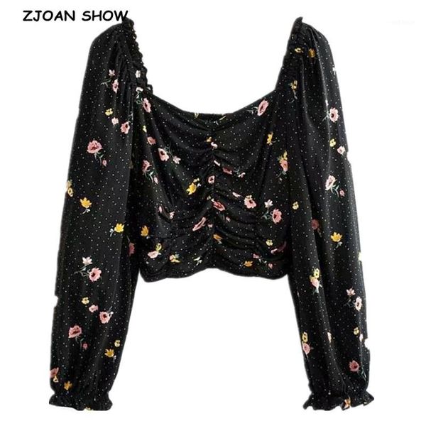 

2020 retro black flower dot print square neck shirt women back elastic ruched short pullover blouse long sleeve 1, White