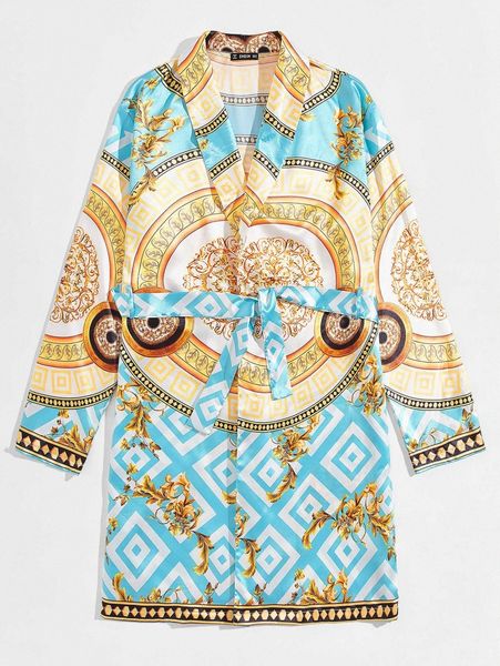 

men baroque print shawl collar satin robe n0au#, Black;brown