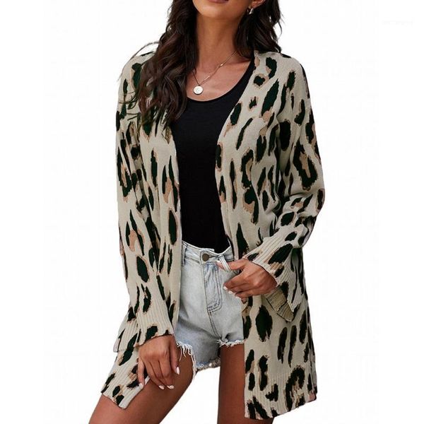

women leopard print cardigan casual knitted sweater long sleeve coat jacket 2020 female autumn winter warm loose outwear 1, White