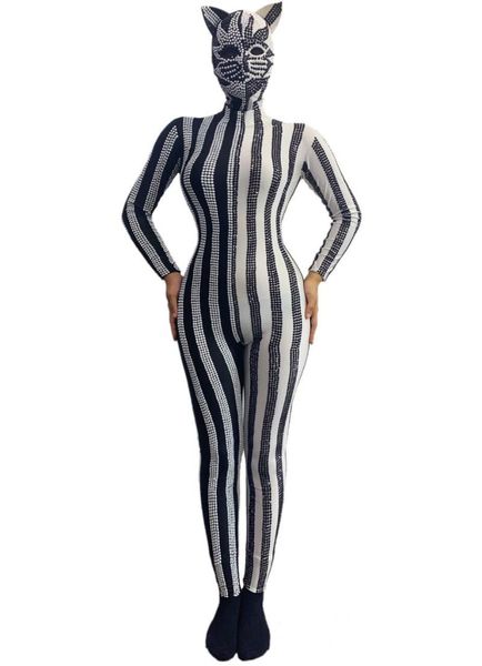 

women dance stage costumes feather cat face halloween mask jumpsuit stage gogo lead dancer nightclub singer costume, Black;red