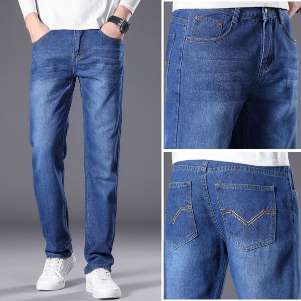 

men's straight slim jeans youth fashion waist fashion men's long pants, Blue