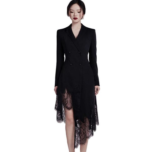 

cinessd blazer dress for women lace black dresses linen long sleeve notched formal irregular pacrty vestidos plus size, Black;gray