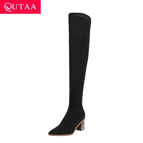 

qutaa 2021 flock stretch over the knee boots winter square high heel women shoes pointed toe fashion long boots big size 34-43, Black