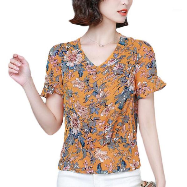 

chiffon bloues women shirts summer short sleeve fashion print v-neck korean women blouses plus size 4xl blusas mujer1, White