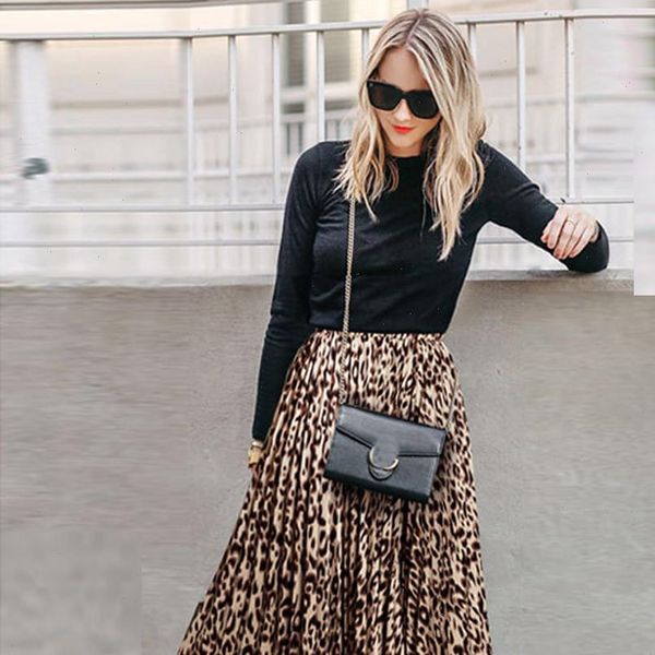 

fashion women skirt high waist chiffon loose leopard printed evening party layered pleated skirt gh, Black