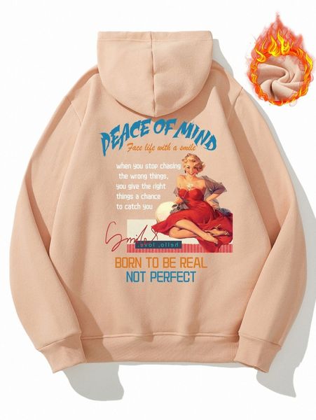 

men slogan and figure graphic drawstring thermal hoodie e0hn#, Black