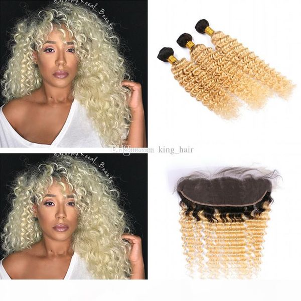 

ombre blonde deep wave 1b 613 hair bundles with 13x4 frontal dark root ear to ear frontal with deep curly hair extension, Black