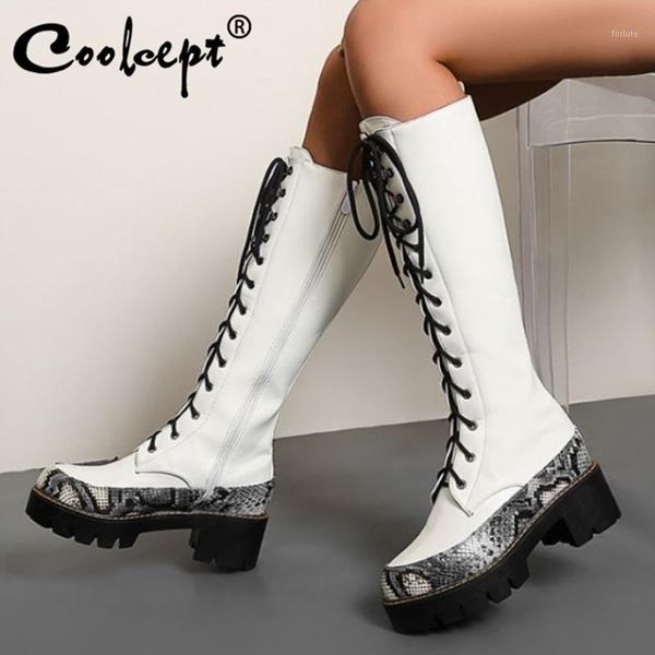 

coolcept women knee boots cross strap fashion platform winter shoes woman warm high heel long boot lady footwear size 34-431, Black