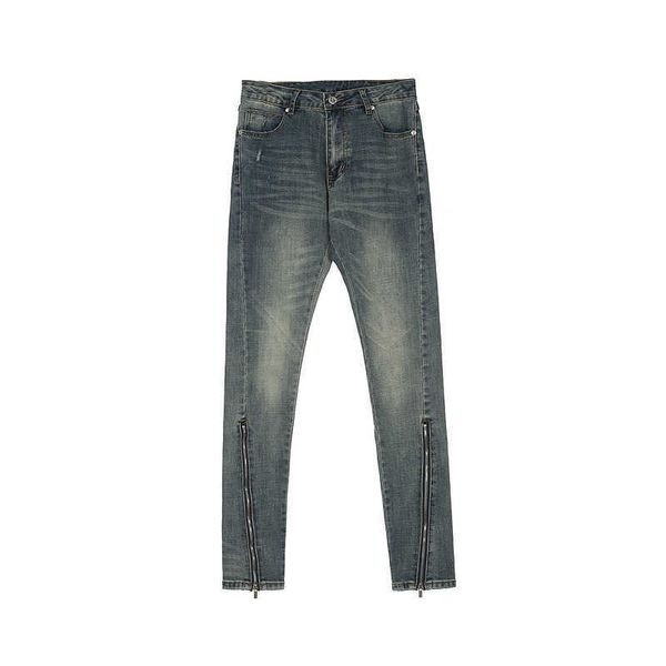 

men's jeans high street zipper decorative wash old slim legged jeans, Blue
