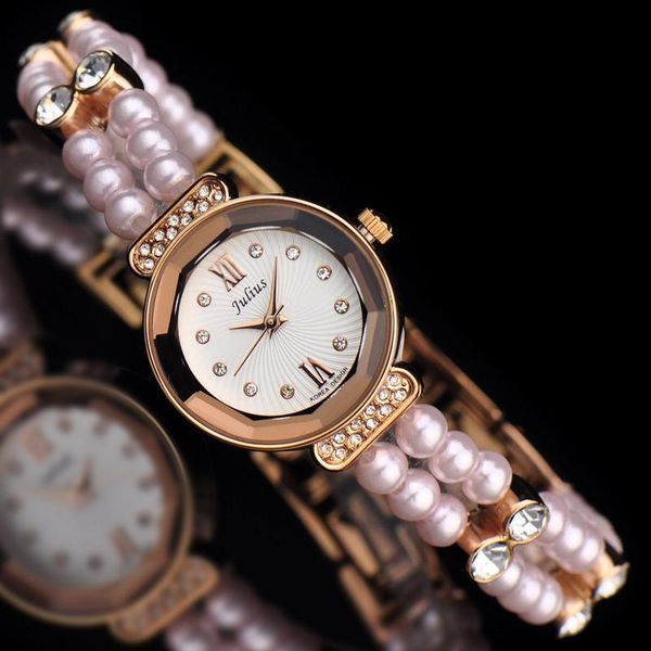 

wristwatches small julius lady women's watch japan quartz hours fashion clock bracelet simulated pearl elastic rope rhinestone girl gif, Slivery;brown