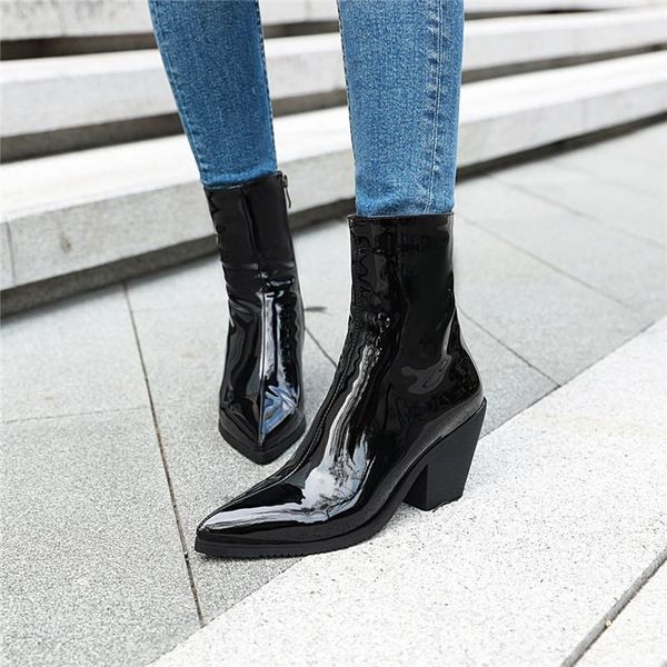 

boots ymechic autumn winter faux patent leather women's block high heel black woman shoes ankle western cowboy plus size1
