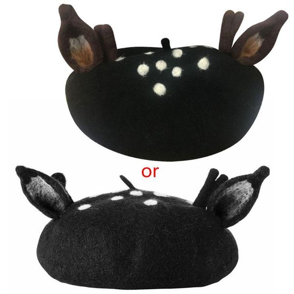 

berets women christmas beret cap cute 3d reindeer antler ears faux felt painter hat, Blue;gray