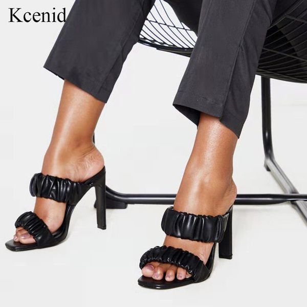 

kcenid pleated square toe ladies slippers summer fashion party high heels shoes gladiator slides sandals women shoes black x1020